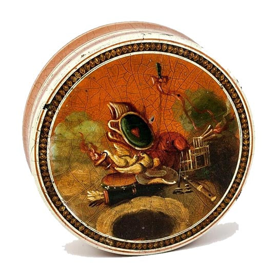 An 18th-century round snuff box with a painted lid showing a hat, a drum and a birdcage.