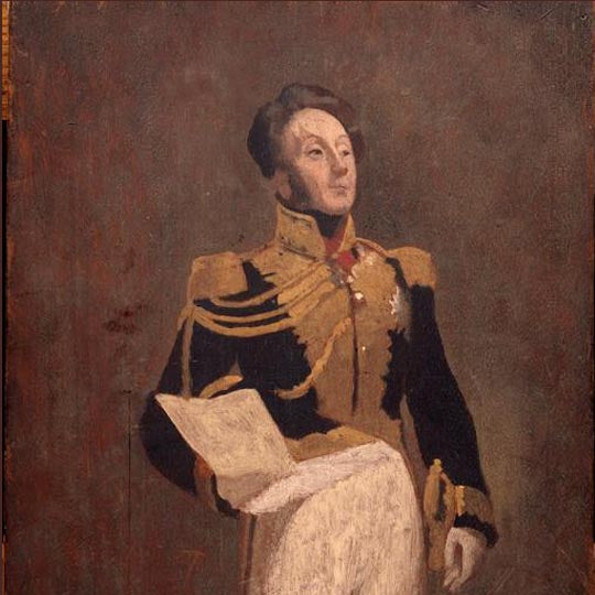 Painted portrait of the Viscount of La Rochefoucauld in a gold-braided uniform, holding a paper.