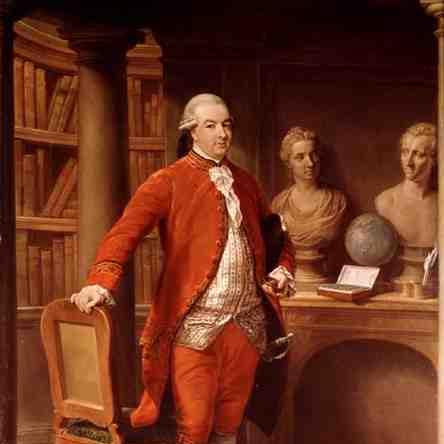 Portrait of Sir Thomas Gascoigne in a red coat, standing in a library beside classical busts and a globe.