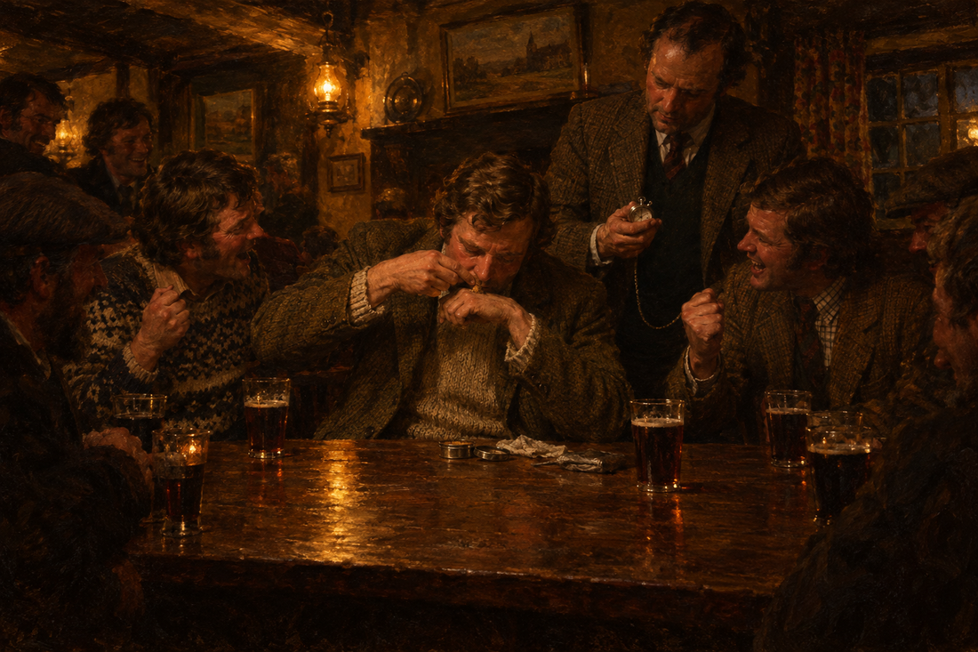 Illustration of men at a pub snuff contest, one taking a pinch from the back of his hand while a referee holds a stopwatch.